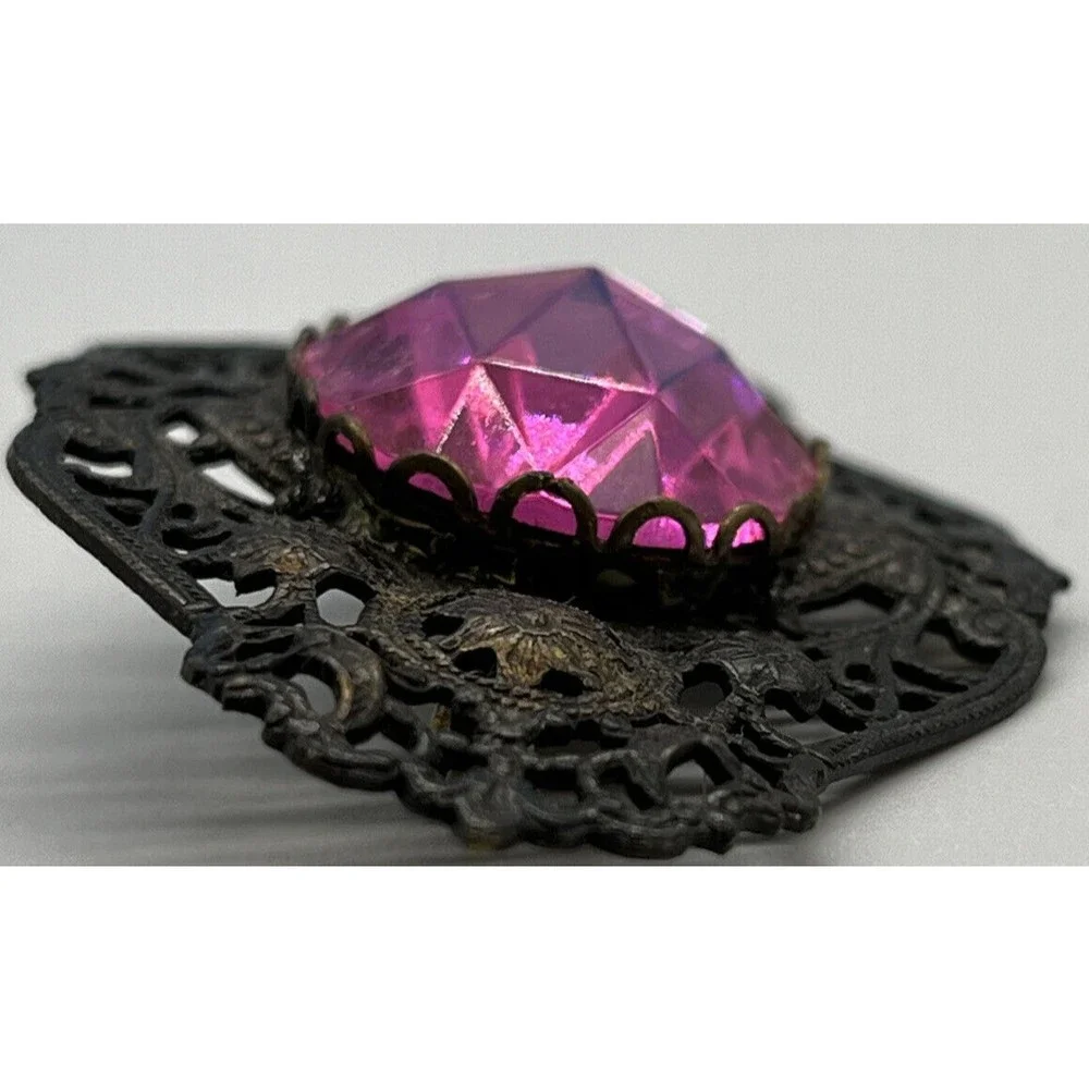 Old Metal Brooch Pin with Pink Glass Gem Brooch Is 3” X 2” , Gem Is 1” Long - Picture 9 of 10